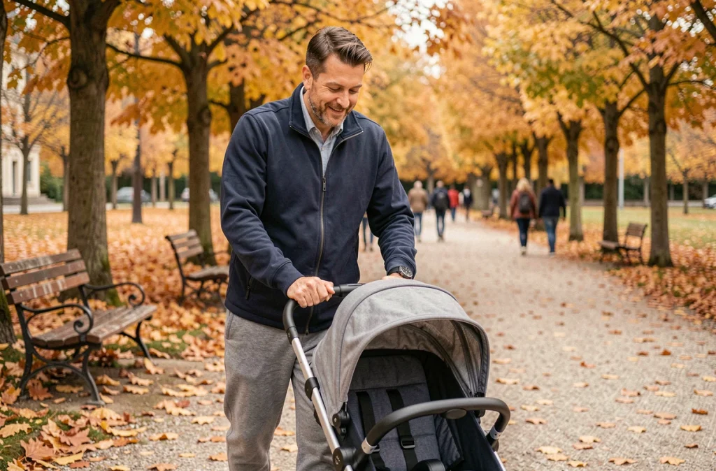 Père en congé parental promenant son bébé en poussette dans un parc français en automne