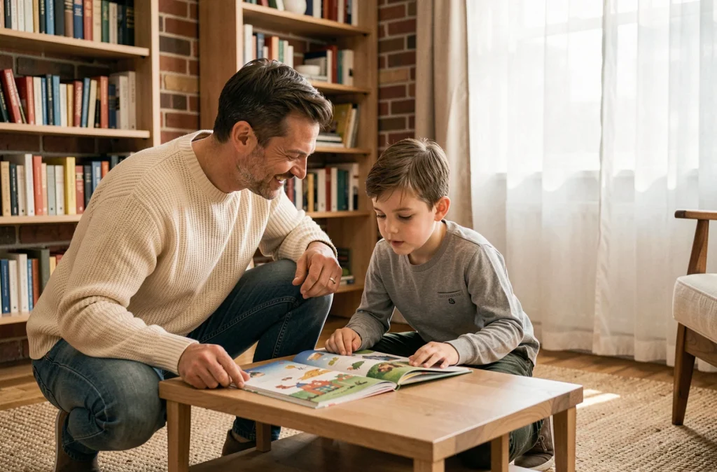 Père et fils partageant un moment de lecture dans un salon chaleureux, complicité parentale authentique