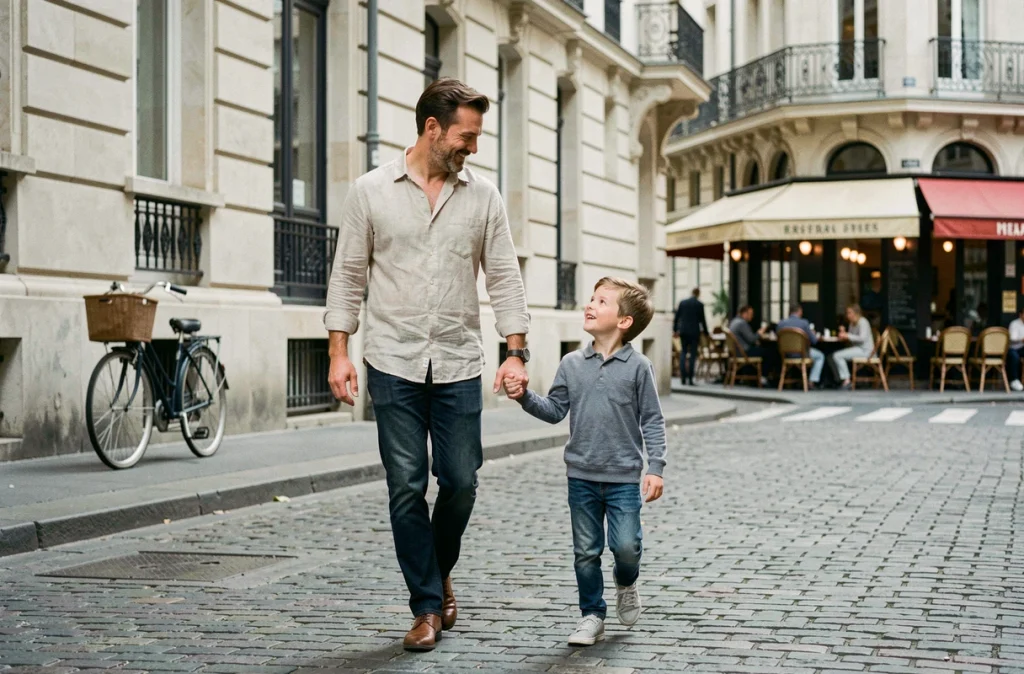 Père et fils se promenant dans une rue pavée parisienne, moment de complicité familiale en ville