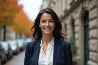 Portrait élégant d'une femme brune en blazer marine dans une rue parisienne aux tons automnaux