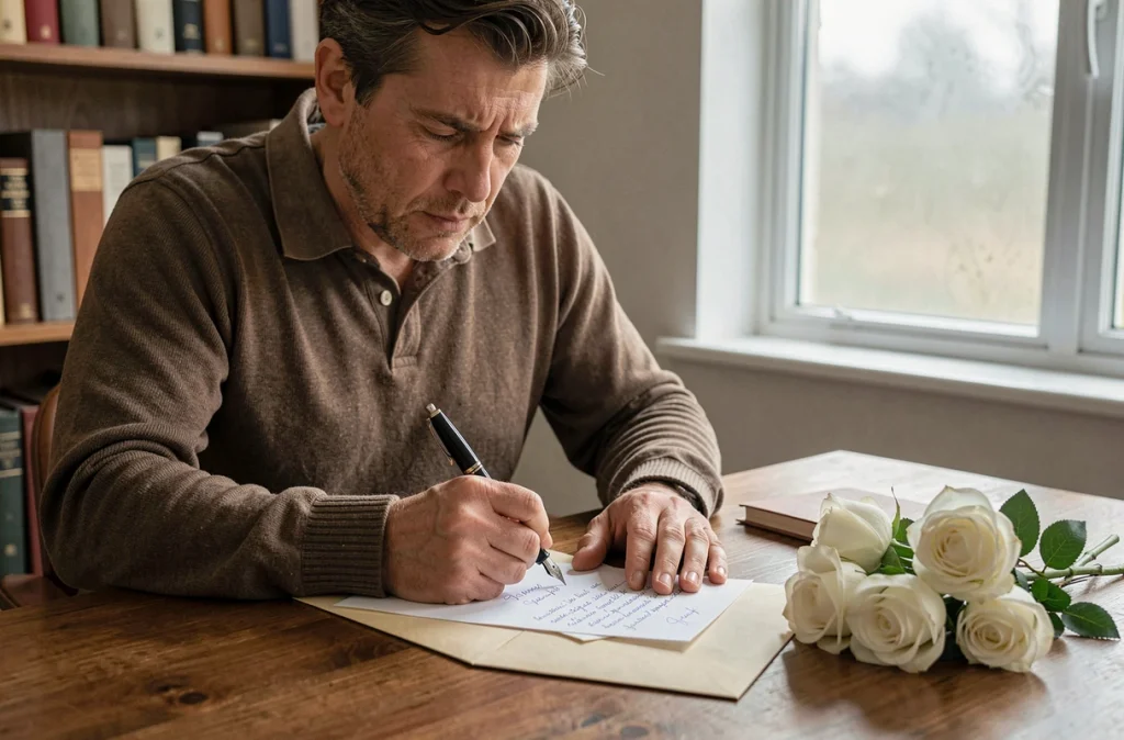 Homme rédigeant une carte de condoléances manuscrite avec un stylo plume, lettre sincère accompagnée de roses blanches sur un bureau en bois