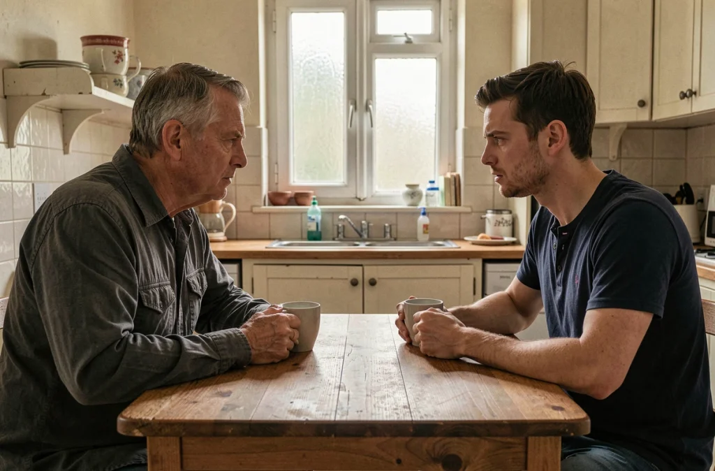 Père et fils adulte face à face autour d'une table de cuisine, dans un moment de silence chargé d'émotion et de non-dits
