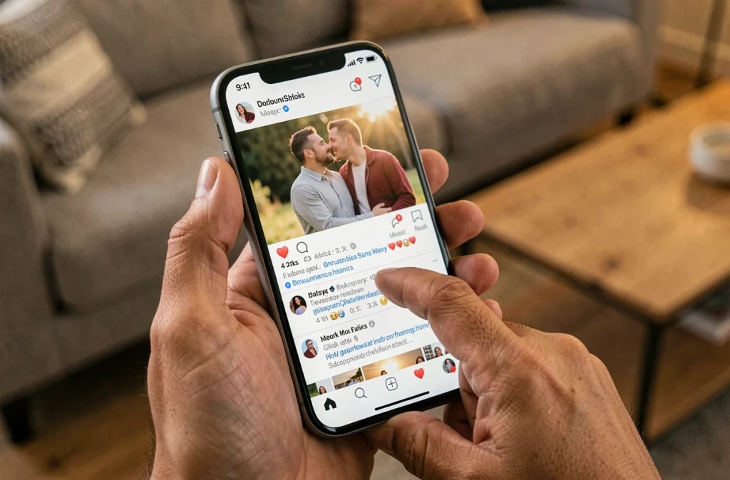 Main tenant un smartphone affichant des photos d'un couple célèbre sur les réseaux sociaux, symbole de la curiosité du public pour la vie privée des stars