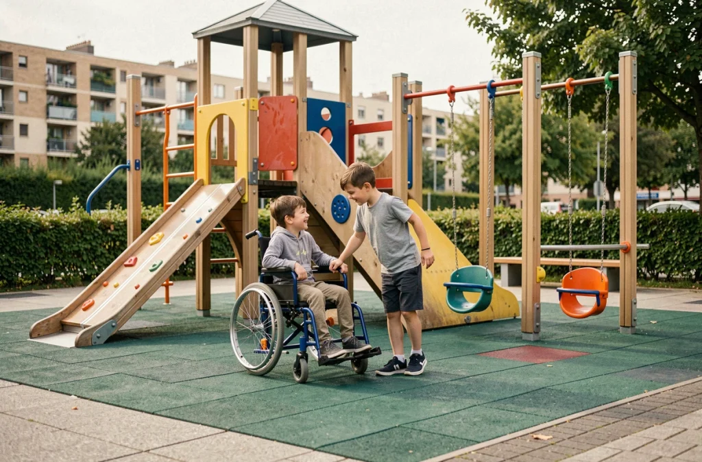 Des enfants jouant ensemble sur l'aire de jeux inclusive et accessible du Landry à Rennes, conçue pour tous les enfants