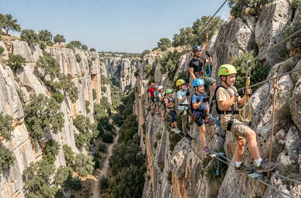 Jeunes en activité de plein air sur tyrolienne dans les gorges du Languedoc avec Languedoc Évasion