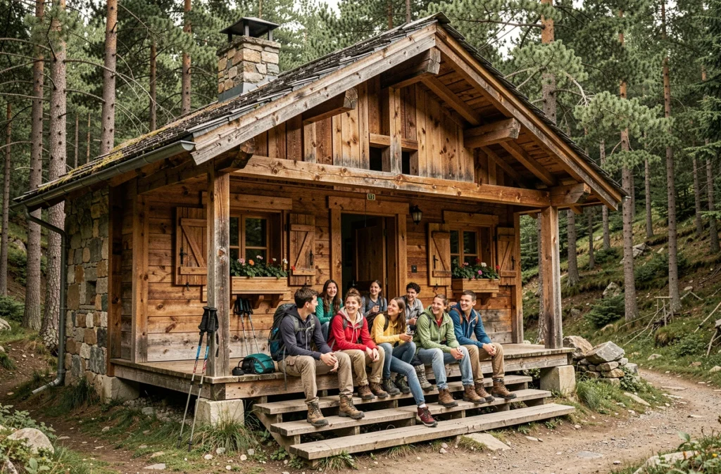 Chalet en bois le Montagnard au Centre de vacances Mercadal dans les Pyrénées avec des jeunes sur la terrasse