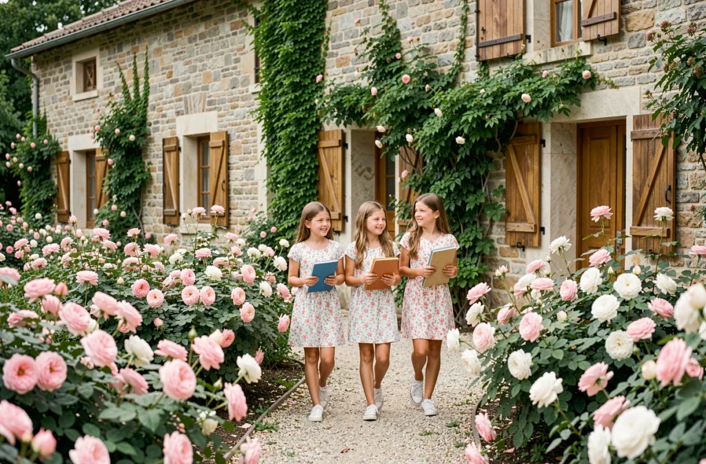 Jeunes filles en colonie de vacances dans le jardin de La Roseraie à Saint-Béat dans les Pyrénées