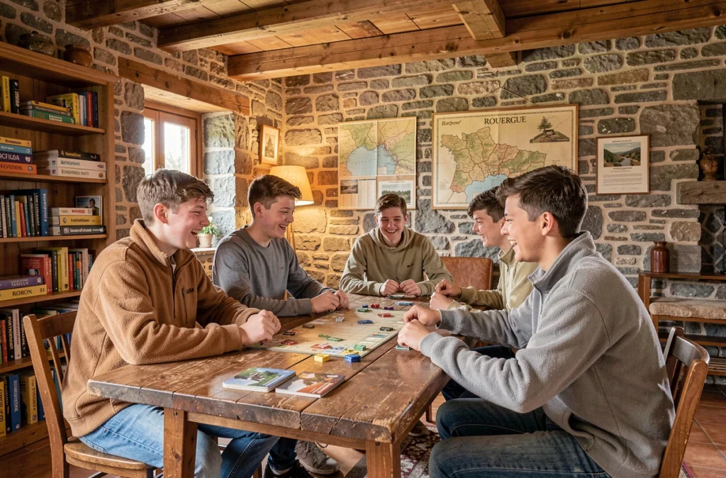 Adolescents jouant à des jeux de société dans le chalet en pierre du Rouergue en Aveyron