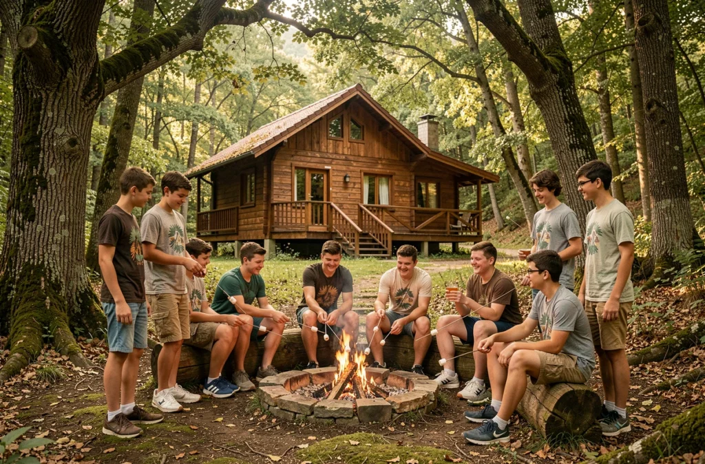 Adolescents autour d'un feu de camp devant le Chalet Le Carniès dans la forêt de l'Hérault