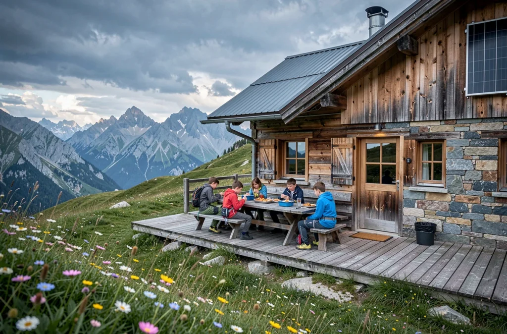 Groupe d'ados en randonnée déjeunant sur la terrasse du Chalet Lum d'Amont dans les Pyrénées