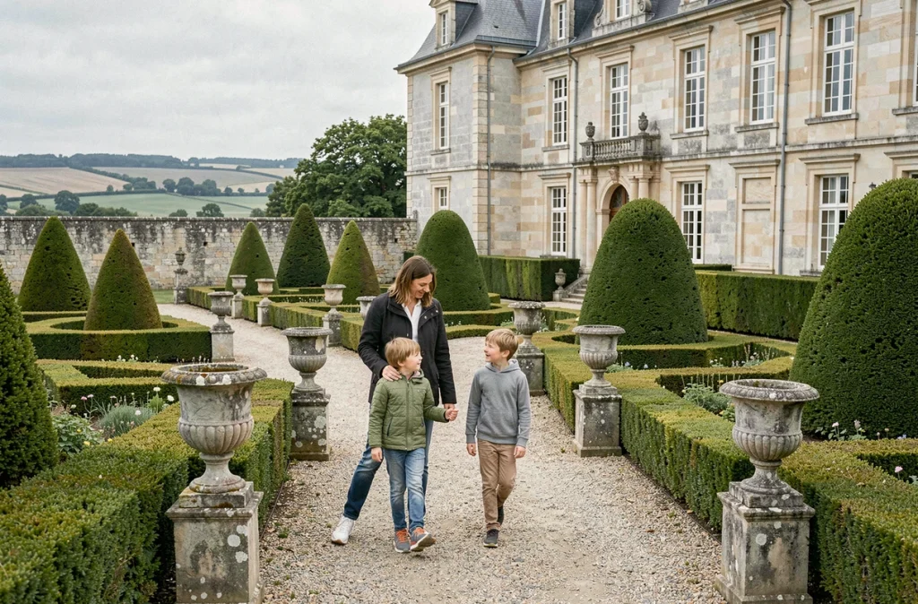 Une famille visitant le parc de loisirs du Château de la Ballue à Bazouges-la-Pérouse, avec ses jardins classiques et son manoir historique