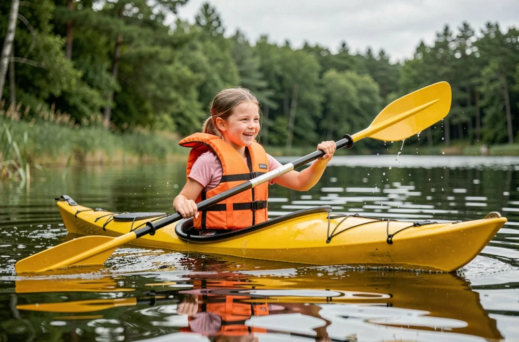 Enfant en gilet de sauvetage pagayant en kayak sur le lac de Clic'Lac Aventures en Indre-et-Loire