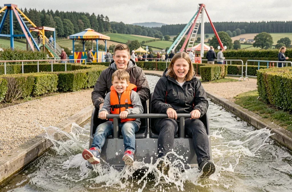 Une famille profitant d'un manège aquatique au Cobac Parc à Lanhélin, un parc d'attractions familial en Ille-et-Vilaine