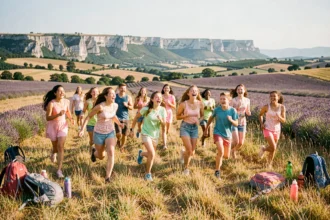 Groupe de jeunes en colonie de vacances courant dans une prairie ensoleillée d'Occitanie