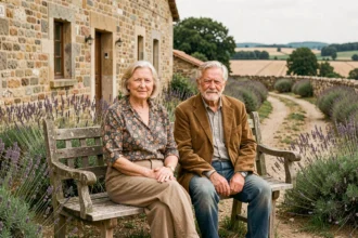 Couple âgé dans une ferme rurale française illustrant les liens familiaux en milieu rural et la consanguinité en campagne