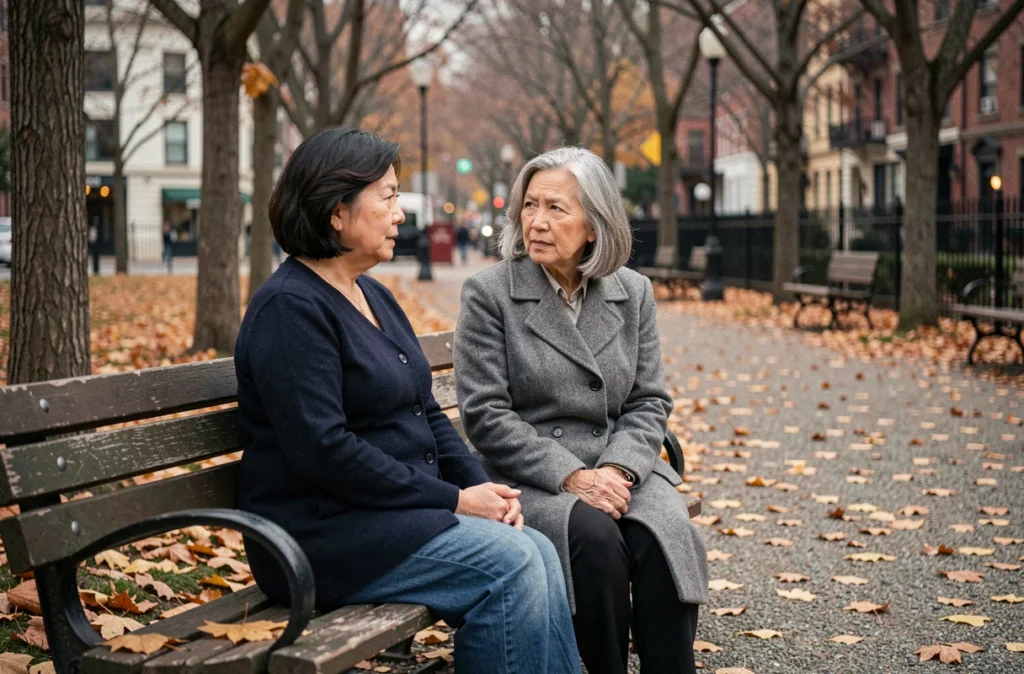 Deux femmes d'âges mûrs en conversation sur un banc de parc en automne, atmosphère confidentielle et nostalgique