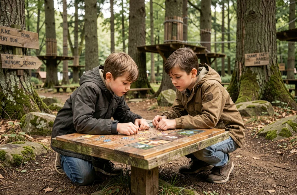 Deux enfants résolvant une énigme en plein air à l'Enigmaparc de Janzé, parc d'escape game nature en Ille-et-Vilaine