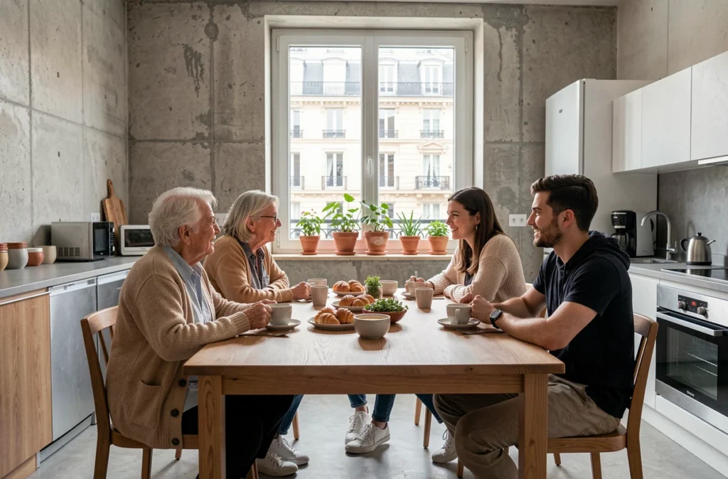Famille multigénérationnelle urbaine parisienne illustrant la diversité génétique en ville par contraste avec la consanguinité en milieu rural