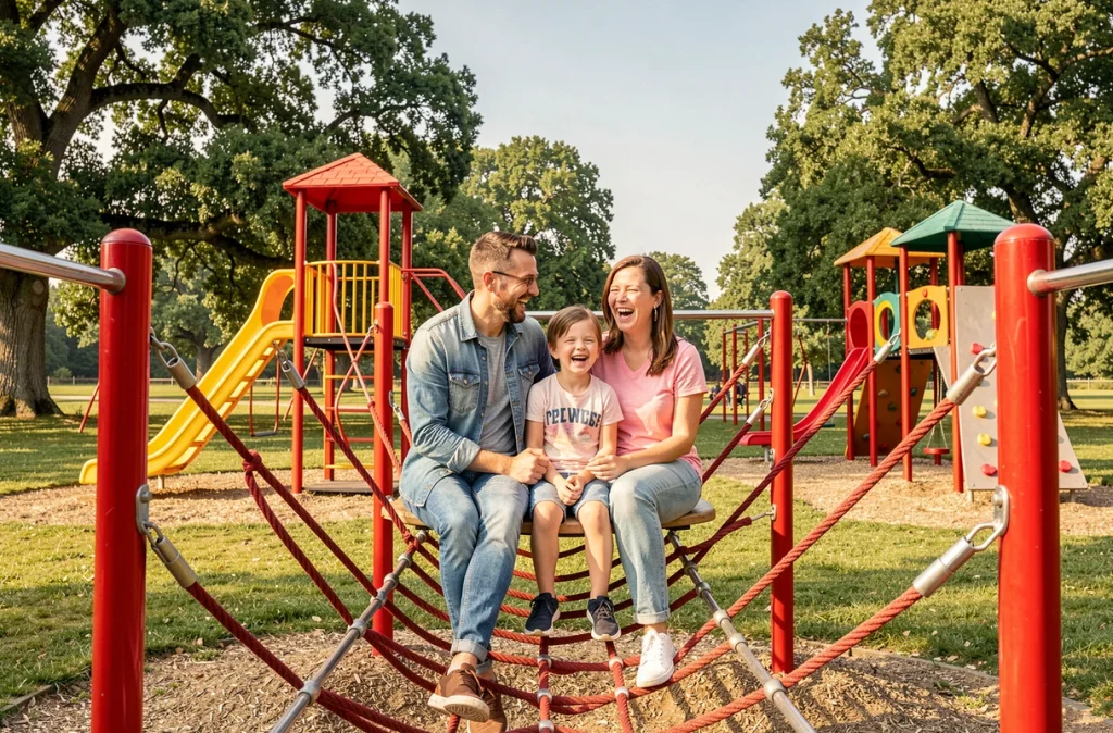 Famille joyeuse jouant ensemble sur les structures d'aventure colorées du Family Park en Indre-et-Loire