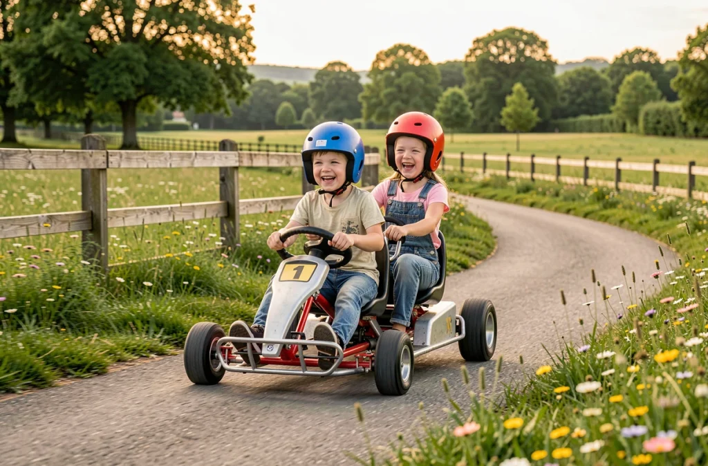Deux enfants en kart à pédales sur la piste du Gadawi Park en Indre-et-Loire sous le soleil
