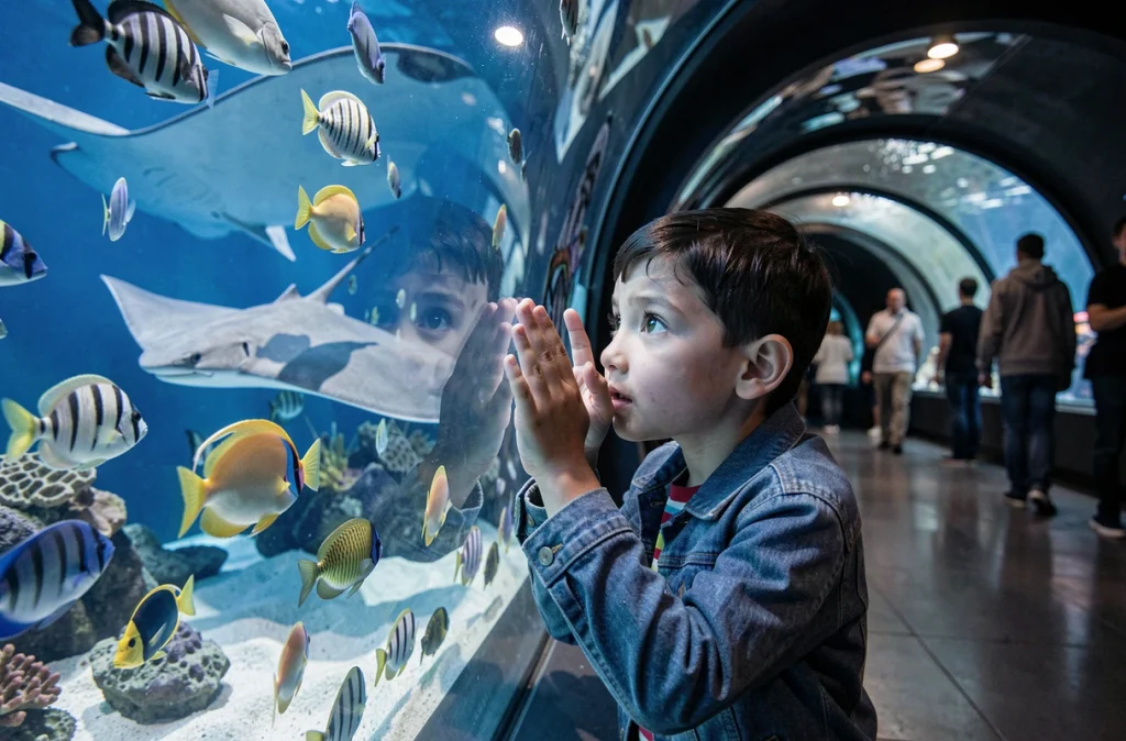 Un enfant fasciné par les poissons tropicaux derrière la vitre du Grand Aquarium de Saint-Malo en Bretagne