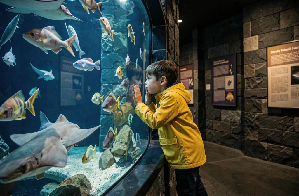 Enfant fasciné devant un grand aquarium rempli de poissons colorés au Grand Aquarium de Touraine