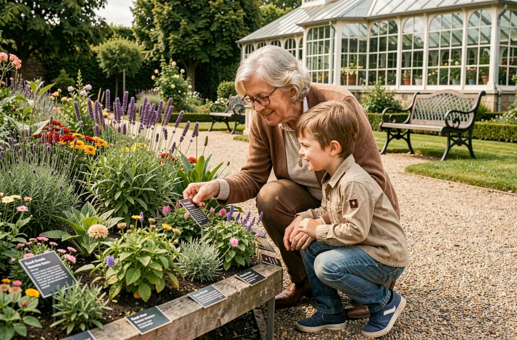 Grand-mère et petit enfant découvrant les plantes aromatiques au Jardin Botanique de Tours en Indre-et-Loire