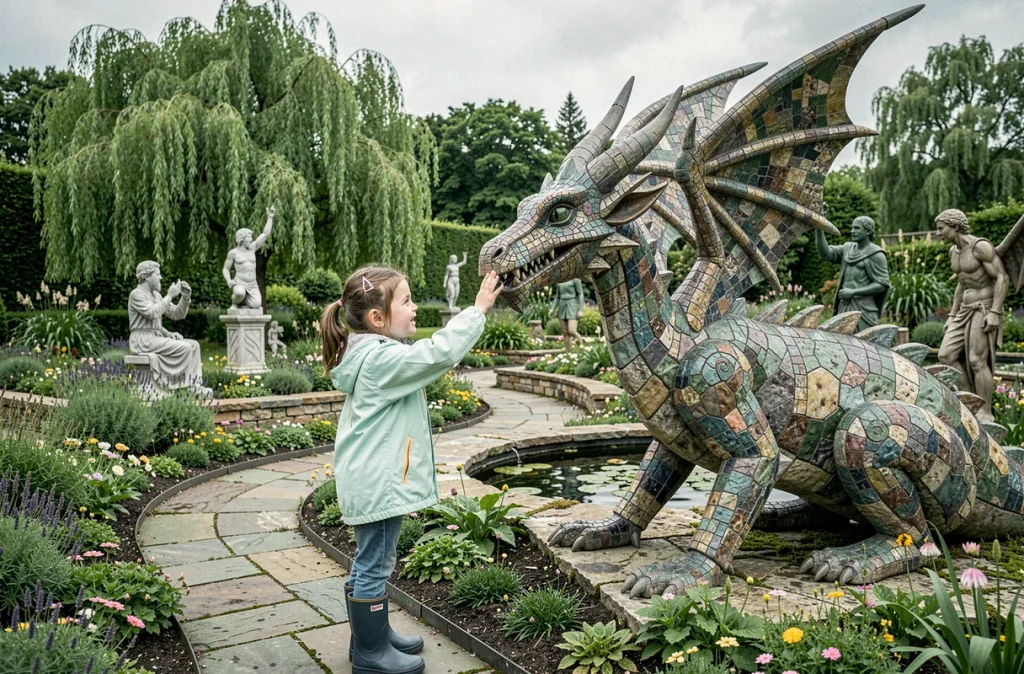 Une petite fille découvrant la sculpture de dragon en mosaïque dans le Jardin Ondine et Dragon à Saint-Aubin-du-Cormier