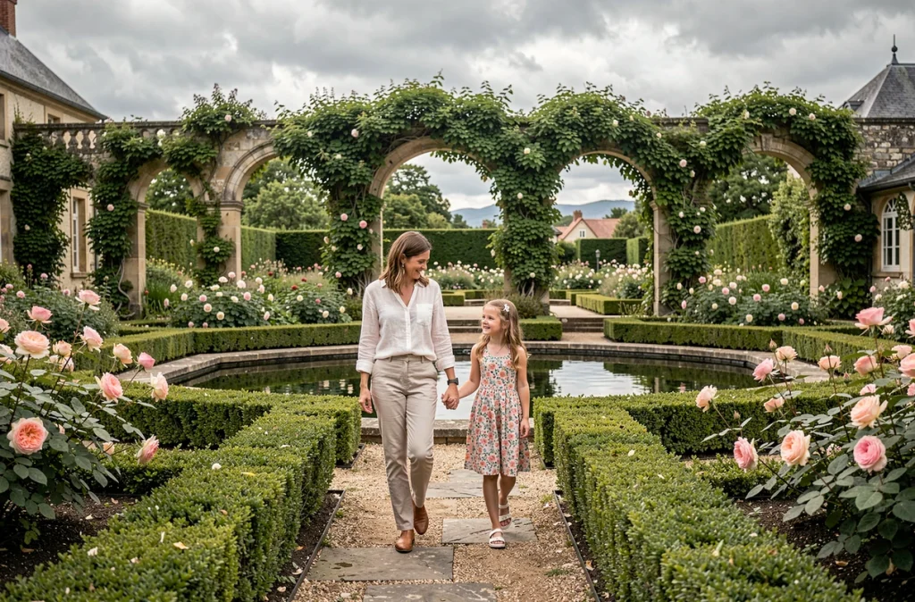 Une mère et sa fille se promenant dans les jardins botaniques aménagés des Jardins de Brocéliande à Bréal-sous-Montfort