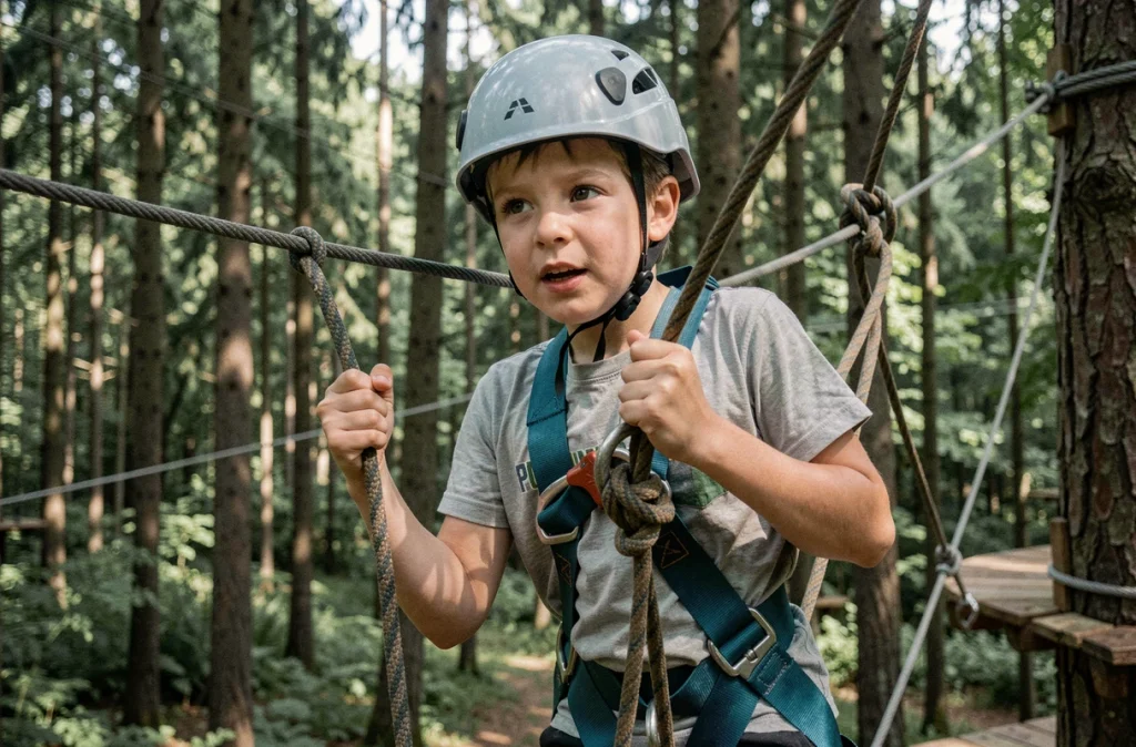 Enfant avec harnais naviguant sur un parcours accrobranche dans les arbres à Kizou Aventures en Indre-et-Loire
