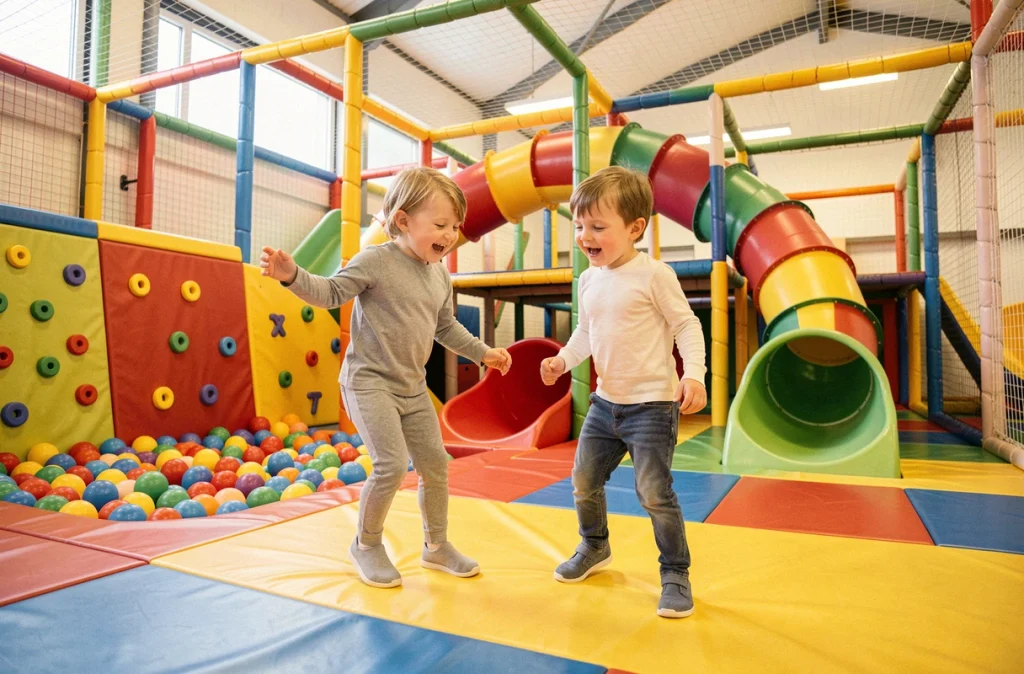 Des enfants jouant sur les structures gonflables et jeux en mousse colorés du Little Parc à Tremblay, en Ille-et-Vilaine
