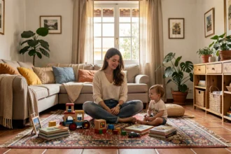Baby-sitter professionnelle avec un enfant dans un salon familial chaleureux en Occitanie