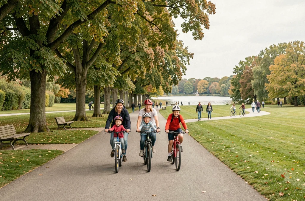 Une famille faisant du vélo sur les allées ombragées du Parc des Gayeulles à Rennes, grand espace vert urbain en Bretagne