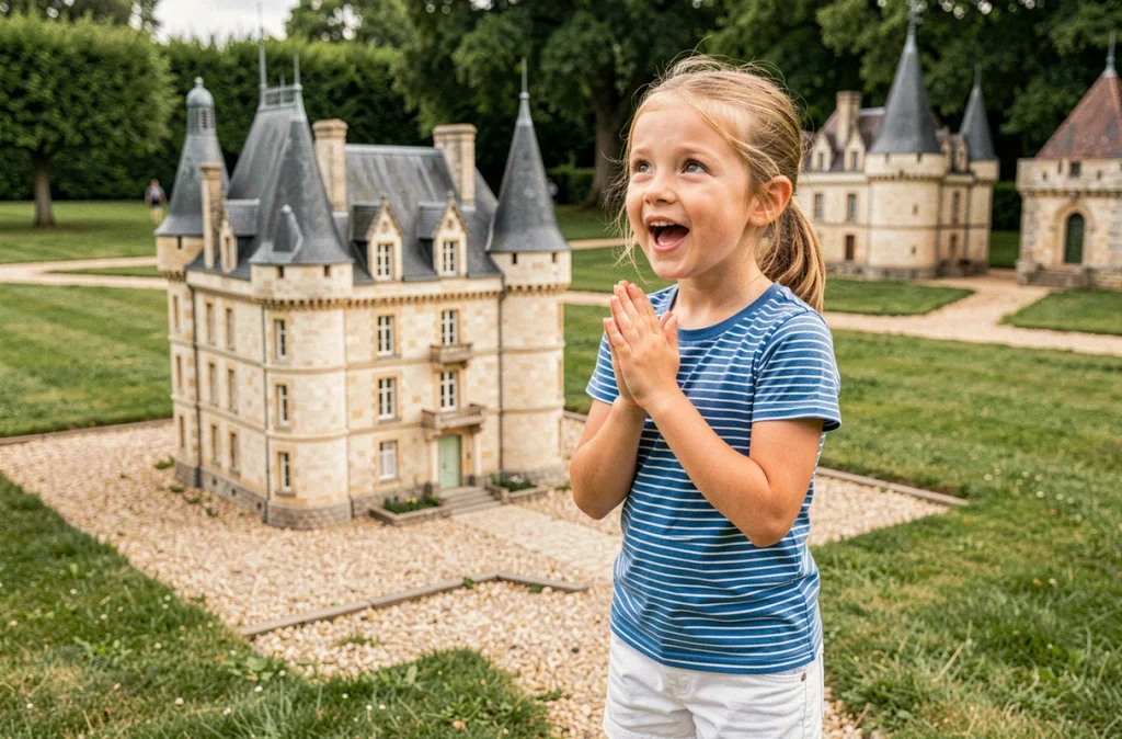 Petite fille admirant une réplique miniature d'un château de la Loire au Parc Mini-Châteaux en Indre-et-Loire