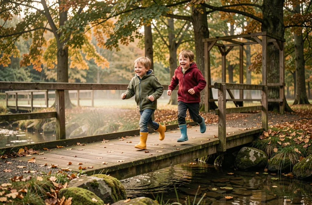 Des enfants courant sur une passerelle en bois au-dessus d'un ruisseau dans le Parc du Quincampoix à Melesse, en Ille-et-Vilaine