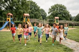 Des enfants courant et jouant dans un parc de loisirs verdoyant en Ille-et-Vilaine, illustrant le thème des parcs familiaux bretons