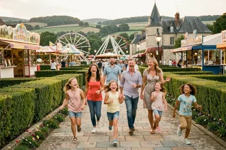 Famille avec enfants profitant d'un parc de loisirs en plein air en Indre-et-Loire par une belle journée d'été
