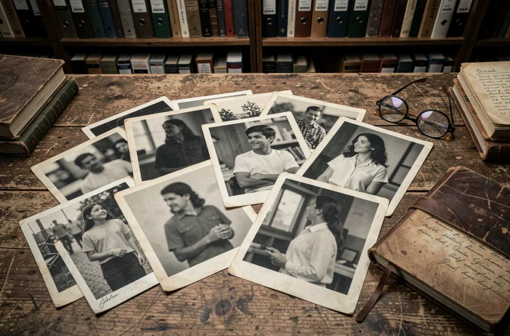 Collection de photographies vintage en noir et blanc sur un bureau en bois, évoquant des archives personnelles et des souvenirs de vie