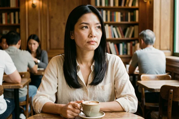 Portrait d'une femme d'origine asiatique dans un café parisien, regard pensif et atmosphère intimiste