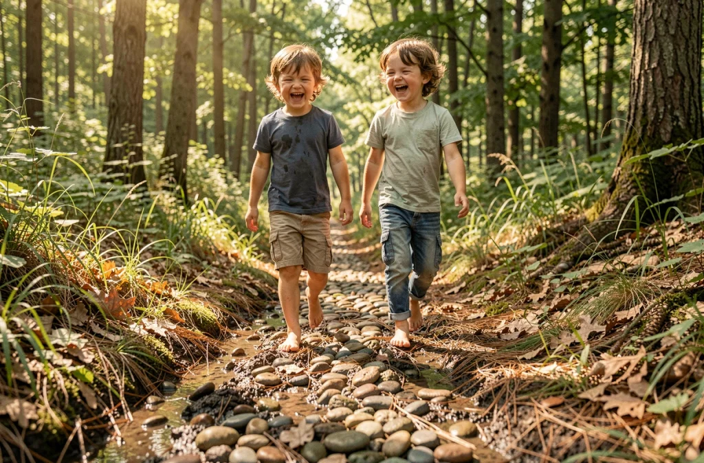 Enfants marchant pieds nus sur un sentier sensoriel naturel en forêt, expérience du Sentier Pieds Nus en Indre-et-Loire