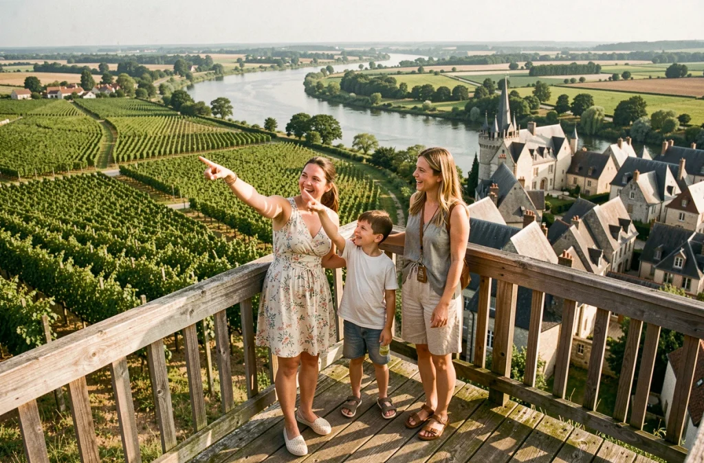 Mère et enfants admirant la vallée de la Loire depuis un belvédère à La Vallée des Rois en Indre-et-Loire