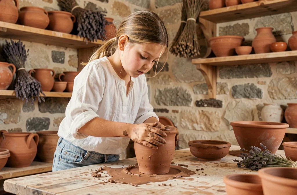 Jeune fille participant à un atelier poterie artisanale dans un village du Var